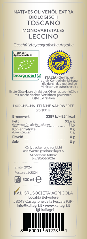 Label til Økologisk Ekstra Jomfruolivenolie KALI Leccino IGP – 500 ml