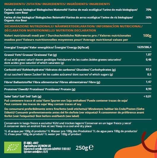 Glutenfri pasta – majs og økologisk ris - fremstillet i Italien
