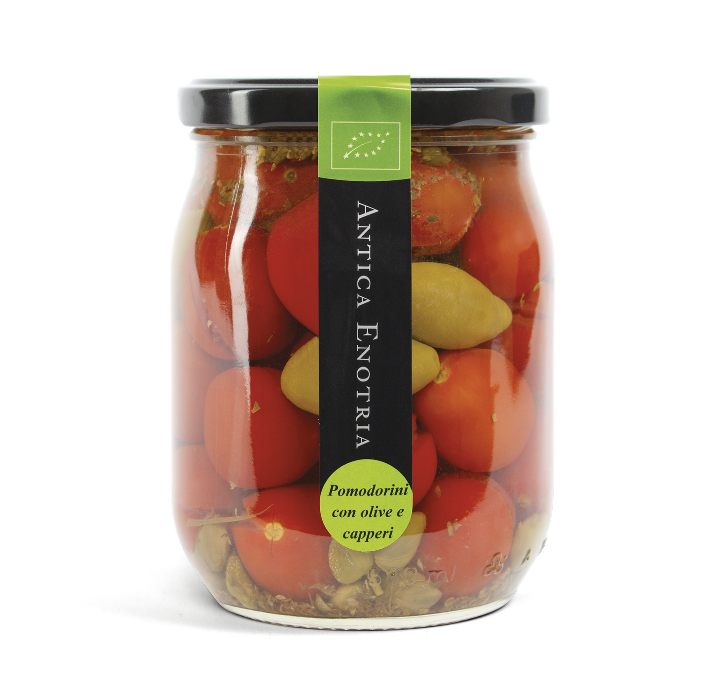 Økologiske Cherrytomater med oliven og kapers i lage – Antica Enotria