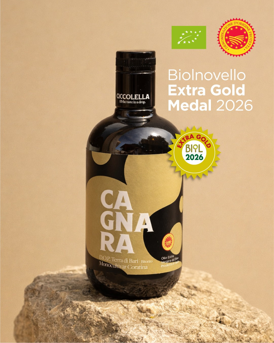 CAGNARA DOP — Ekstra Jomfru Olivenolie, Coratina, Økologisk 500 ml flaske · DOP Terra di Bari Bitonto