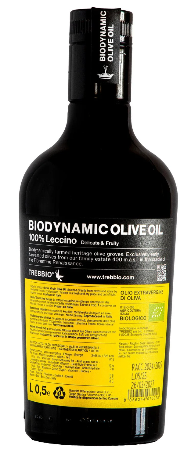 Trebbio – Biodynamisk Ekstra Jomfru Olivenolie, 100% Leccino Mugello, Toscana · 0,5 L / 3 L
